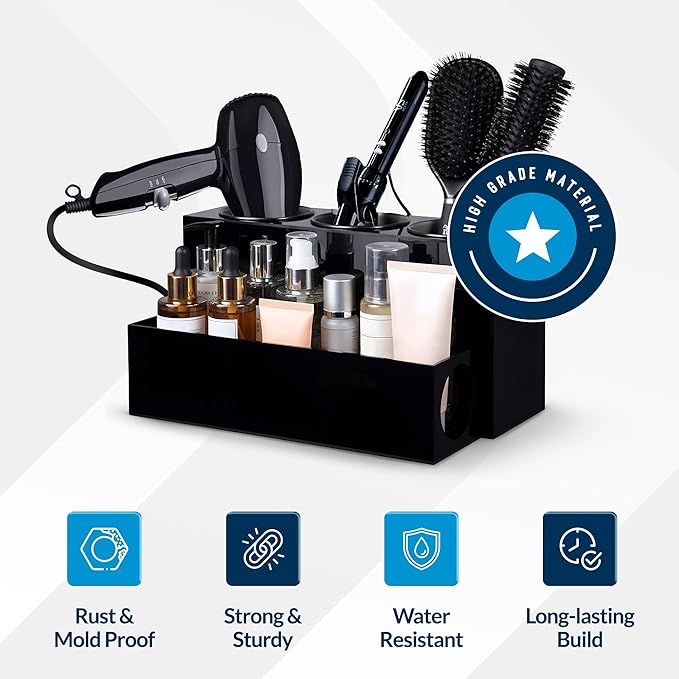 Hair Tool Organizer for Bathroom Vanity – Blow Dryer Holder with Stainless Cups for Hair Dryer, Curling Iron & Straightener, Countertop Hot Tools Holder and Hair Tool Storage (BLACK)