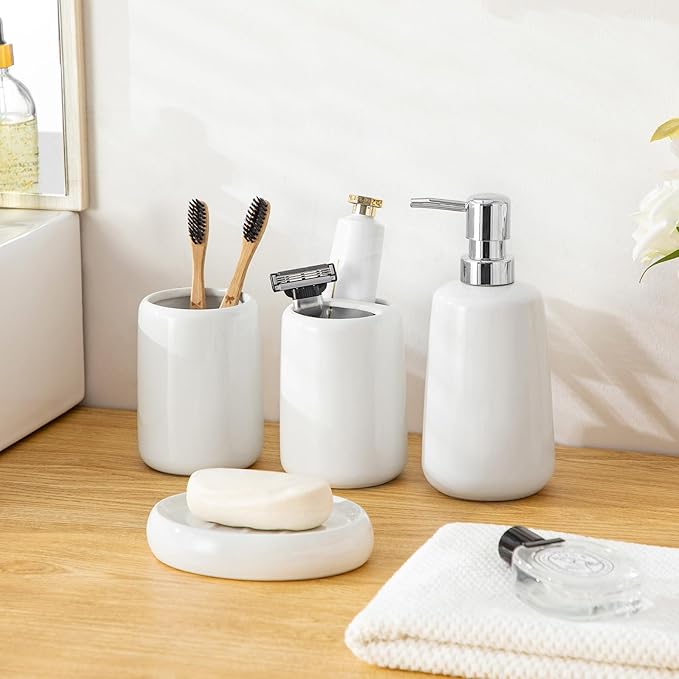 vancasso White Bathroom Accessories Set, Ceramic Soap Dispenser and Toothbrush Holder Sets, Stoneware 4 Pcs Bathroom Sink Set for Modern Home Decor