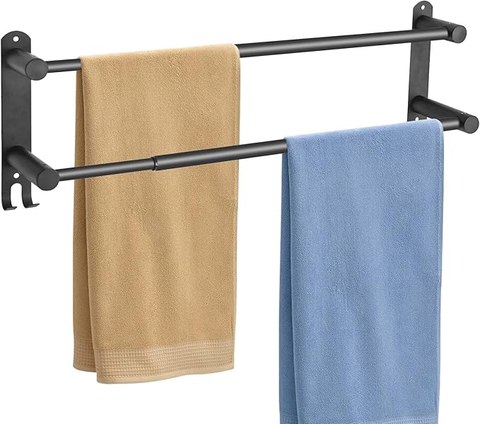Double Towel Bar???adjustable16-28IN Matte Black Towel Racks for Bathroom, Stainless Steel Towel Holder,Suitable for Bathrooms and Kitchens
