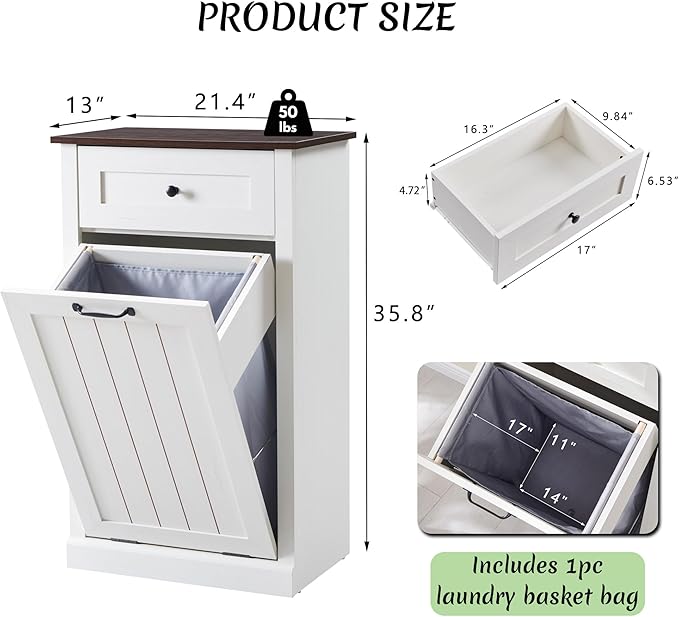 IFBUY Tilt Out Laundry Hamper Cabinet, 10 Gallon Farmhouse Trash Can Cabinet with Drawer, Hidden Wood Garbage Can Bin Cabinet with Laundry Storage Basket for Bathroom, Kitchen, Antique White