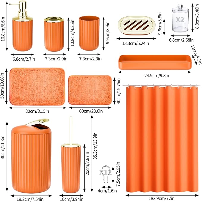 XLHOMO 24 PCS Orange Bathroom Accessories Set with Shower Curtain and Rugs, Bathroom Sets with Extra Soft and Absorbent Bath Rugs Shower Curtain Orange Bathroom Accessory for Bath