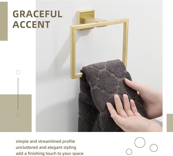 Angle Simple Towel Ring Square, SUS304 Stainless Steel Hand Towel Holder for Bathroom Wall, 7.09 Inches, Brushed Gold