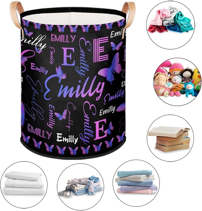Custom Purple Butterfly Laundry Hamper, Personalized Laundry Baskets with Handles Dirty Clothes Hamper Storage Basket
