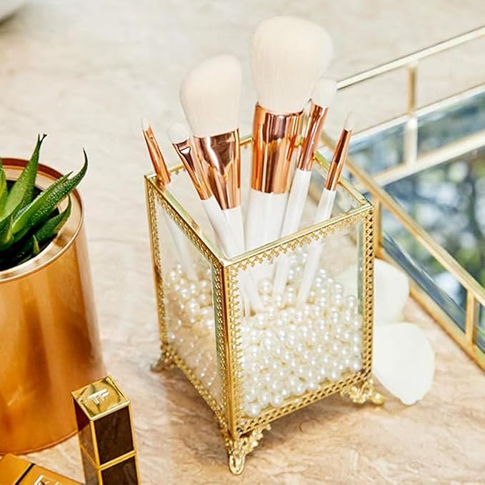 PuTwo Vintage Makeup Brush Holder Glass and Brass Organizer Handmade Cosmetic Brush Storage with White Pearls for Dresser Vanity Countertop - Gold