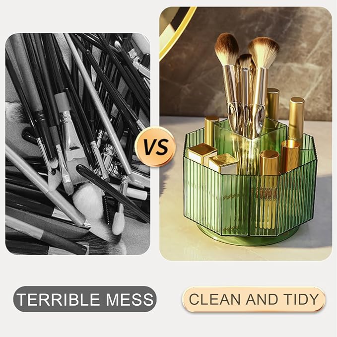 Makeup Brush Holder 360?? Rotating Make Up Brush Organizer 5 Slots Clear Cosmetic Brush Holder Storage Large Capacity Stationary Organizer for Vanity Bathroom Countertop Desktop Green