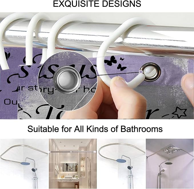 Lnond 4Pcs Bathroom Shower Curtain Sets with Rugs, Purple Grey Motivational Home Family Bathroom Sets with Shower Curtain and Rugs and Accessories