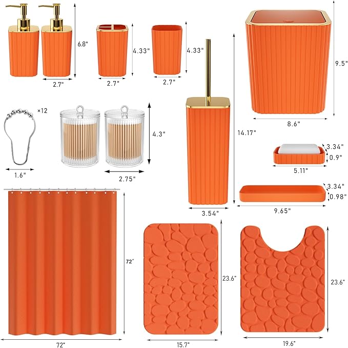 XLHOMO Bathroom Accessories Set - 25PC Bathroom Sets with Shower Curtain and Rugs, Orange Bathroom Accessories with Trash Can, Soap Dispenser, Soap Dish & Toilet Brush
