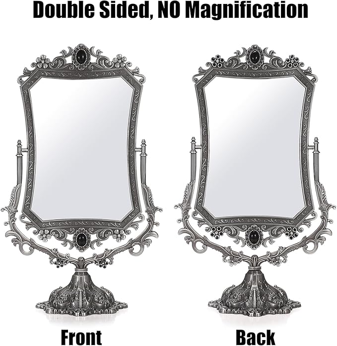 JUXYES Metal Tabletop Antique Decorative Makeup Mirror with Stand, Vintage 360° Swivel Double Sided Cosmetic Mirror with Frame, Retro Desktop Dressing Mirror Magic Mirror for Dresser