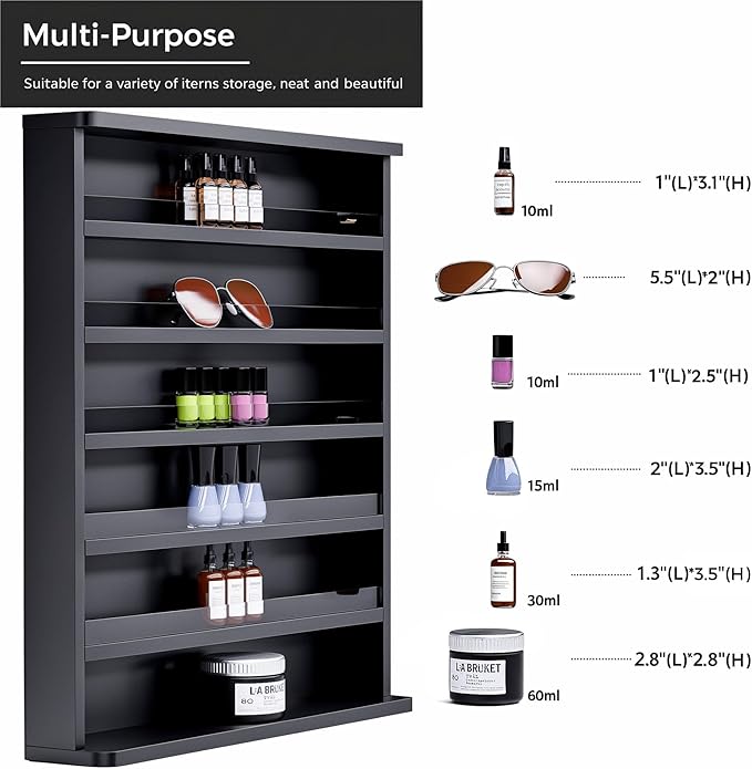 Kikihouse Wood Nail Polish Rack 2 Packs, Wall Mount Nail Polish Organizer, 6 Layers Nail Salon Storage Display Shelves Perfume Essential Oil Bottles Holder w/Acrylic Baffle, Black