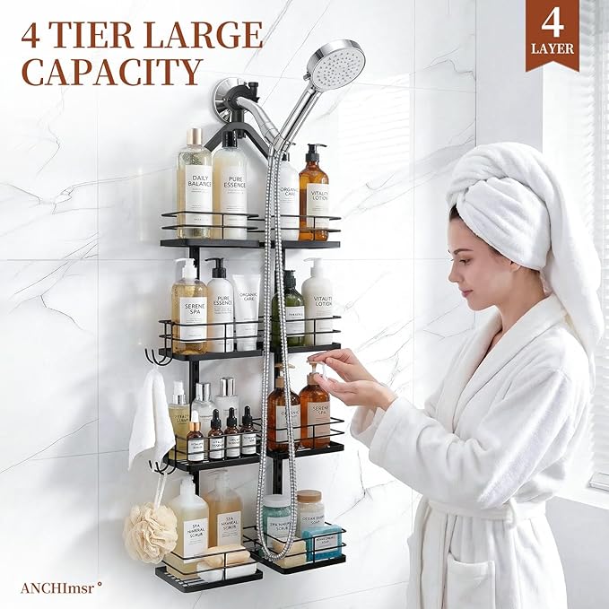 Adjustable Hanging Shower Caddy for Handheld Showerhead, 4-Tier Rustproof Shower Rack Baskets, Anti-Swing Hanging Shower Organizer for Bathroom Storage with 2 S-Hooks, Large Capacity, Black