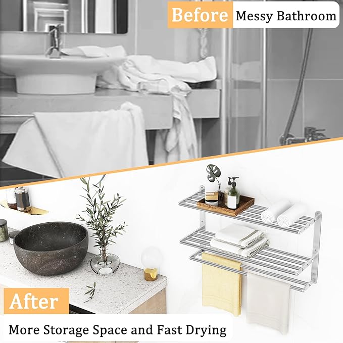 3 Tier Towel Racks for Bathroom Wall Mounted, 24 inch Bathroom Shelf with Towel Bar, Brushed Nickel Shelves for Towels, Stainless Steel Modern Silver Multi Holder