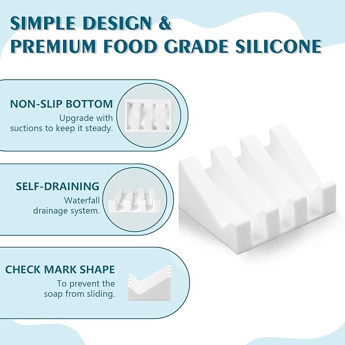Self Draining Soap Dish Holder,Silicone Soap Dish,for Bathroom,Kitchen, Sponges，Can Extend Soap Life，Keep Soap Bars Dry and Easy Cleaning (White,3-Pack)