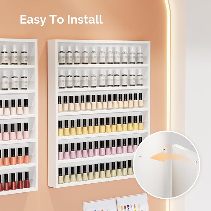 OmySalon Nail Polish Organizer Wall Mount - Holds 120+ Bottles with Acrylic Barrier, Salon Display Rack for Home Spa & Nail Studio - Assembly Required, Wooden Polish Storage (White, 6-Tier)