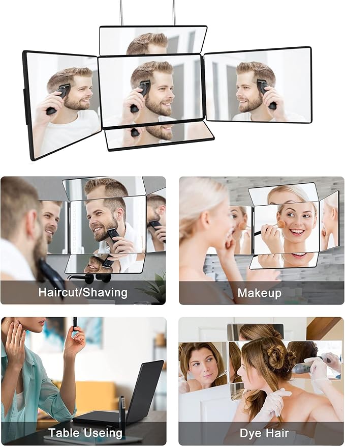 5 Way Mirror for Self Hair Cutting & Shaving, 360 Makeup Mirror with Height Adjustment for Braiding & Styling (Black)