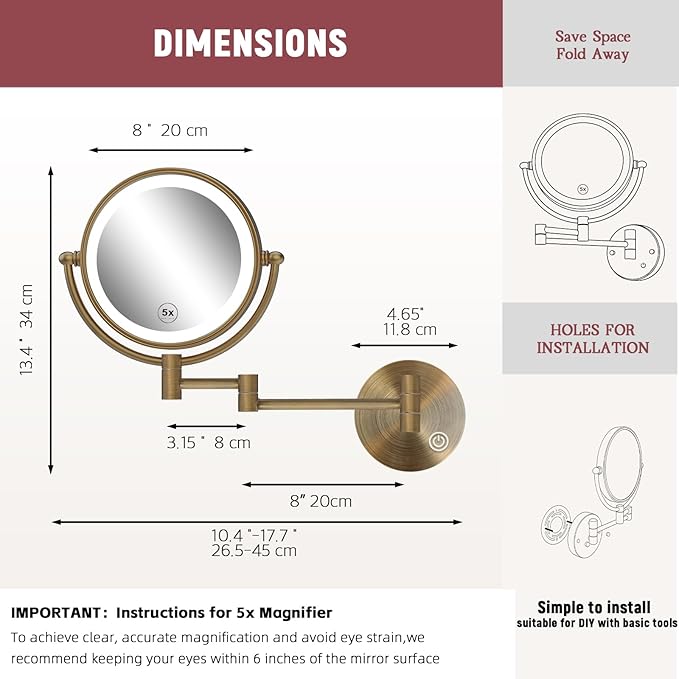 Brass Lighted Makeup Mirror Wall Mounted for Bathroom, Upgraded Brightness 3-Colors LED, Rechargeable Touch Dimmable 1X/5X Magnifying Vanity Mirror Swing Arm, Brushed Antique Brass