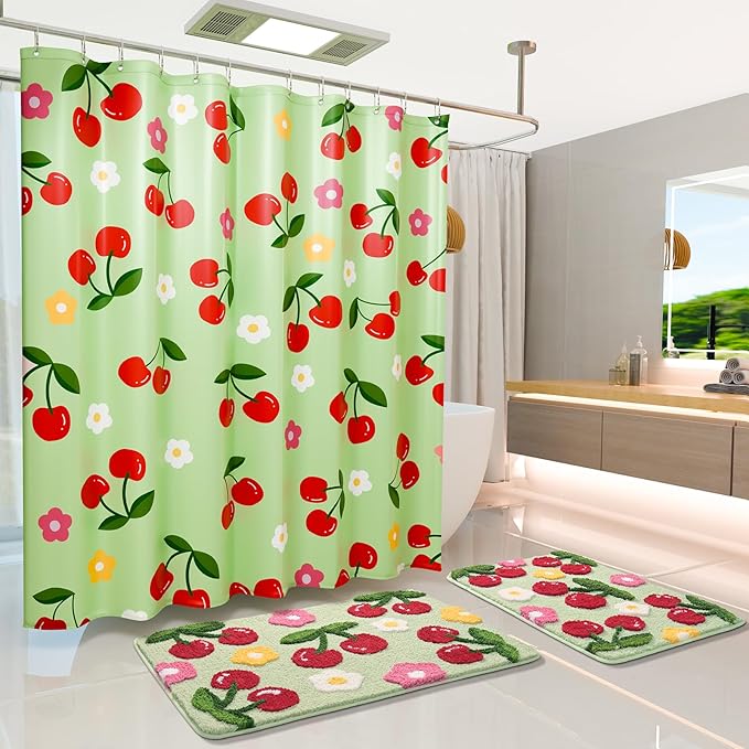 Anybar Fabric Shower Curtain Cute Floral Cherry Curtains Waterproof Soft Polyester Bathroom Curtain- Decorative Washable Privacy Cloth Shower Curtain for Bathroom Hotel (72x72inch) Green