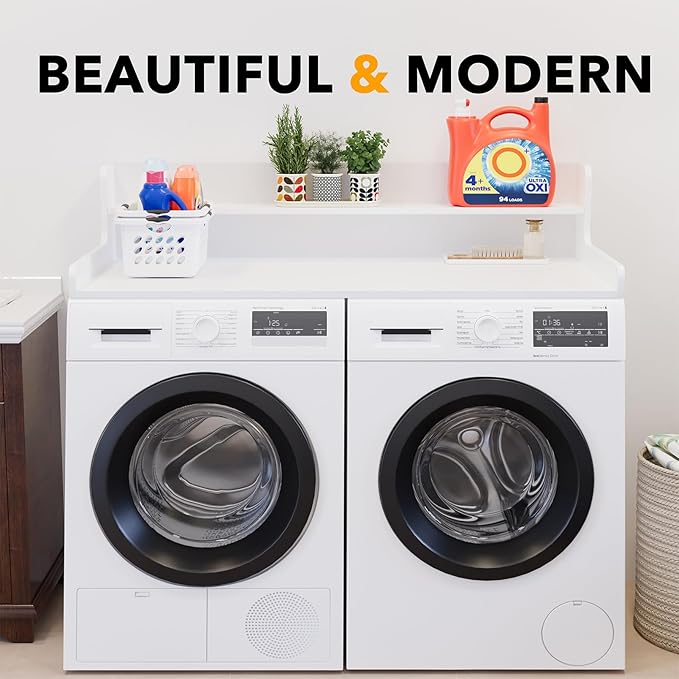 SpaceAid Washer Dryer Countertop with 2-Tier Shelf, Wood Topper with Edge, 54" Width x 27.5" Depth Cover Organizer Guard for Washer and Dryer Counter Laundry Hamper Storage (White)
