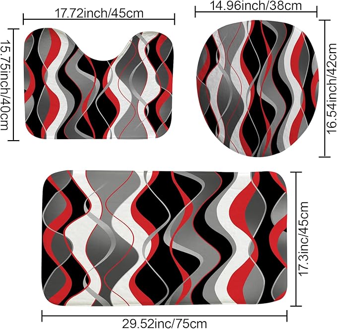 beifivcl 4Pcs Red Shower Curtain Sets with Non-Slip Rugs, Toilet Lid Cover and Bath Mat, Black and Gray Bathroom Decor Set Accessories Fabric Waterproof Shower Curtains with 12 Hooks, 72 x 72 Inch