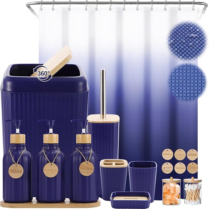 XLHOMO 30PCS Navy Blue Bathroom Accessories Set with Waffle Shower Curtain,Trash Can,3PCS Lotion Soap Dispenser, Toothbrush Holder, Soap Dish,Tumbler Cup,6PCS Wood Tags Bath Accessories with Tray