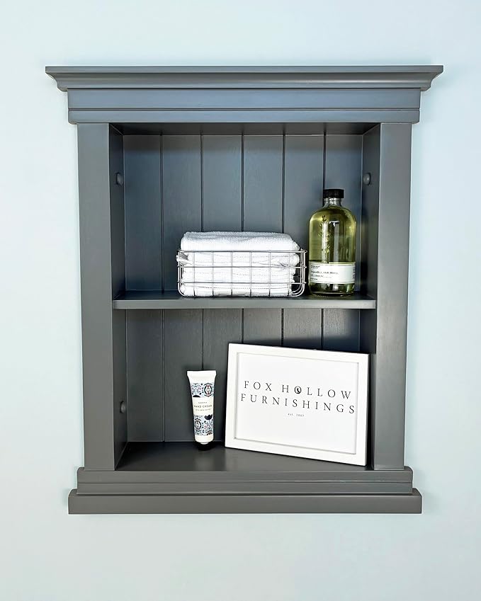 Fox Hollow Furnishings 14x18 Elliot Craftsman Recessed Wood Wall Niche, Open Medicine Cabinet Replacement, in Wall Bathroom Cabinet Insert Shelves, Made in North America, NO MDF, Beadboard, Dark Gray