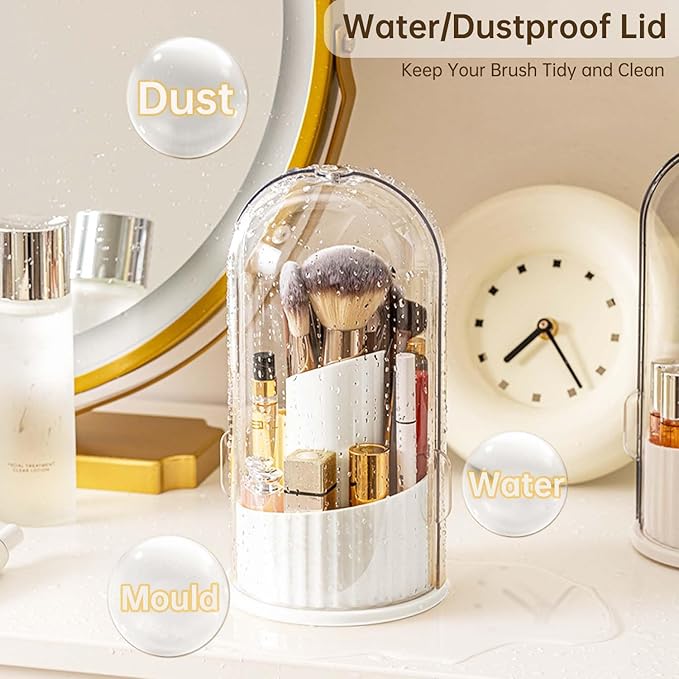 Makeup Brush Holder Organizer with Lid, 360 Rotating Dustproof Transparent Makeup Brushes Organizer for Vanity Dresser Bathroom Countertop(White with Clear Cover)