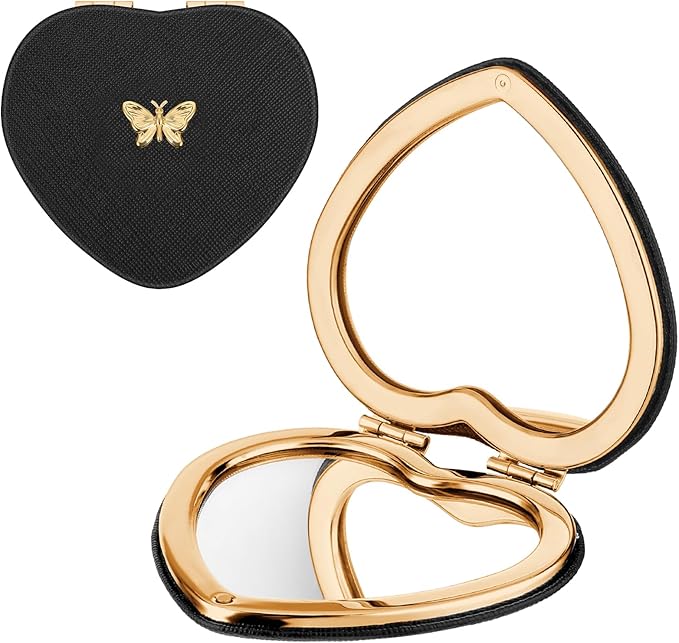 Qianyu Heart Shaped Double-Sided 1X/2X Magnifying Mirror, Compact Folding PU Leather Makeup Mirror, Ultra-Portable for Women Home Office Travel