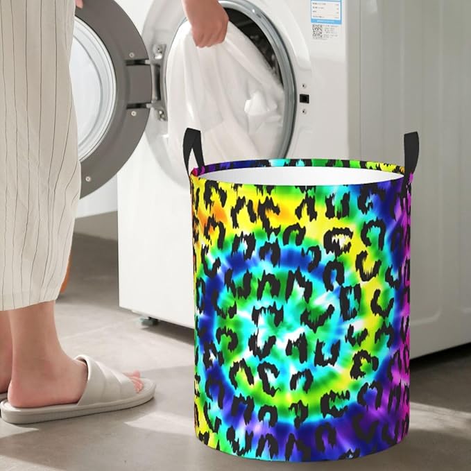 Leopard Round Laundry Hamper Rainbow Tie Dye Storage Basket Toys Clothes Organizer Bin For Home Bathroom Bedroom Dorm Nursery, 38l
