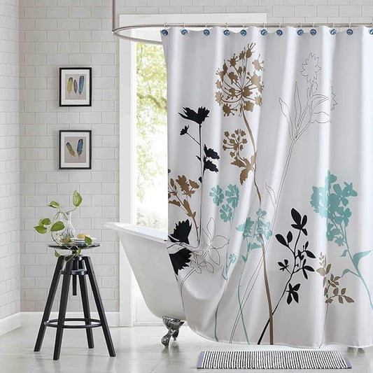 Fabric Floral Shower Curtain, Blue and White Shower Curtain, Teal and Brown Plant Shower Curtains for Bathroom, Modern Decorative Bathroom Curtains - 72" W x 72" H
