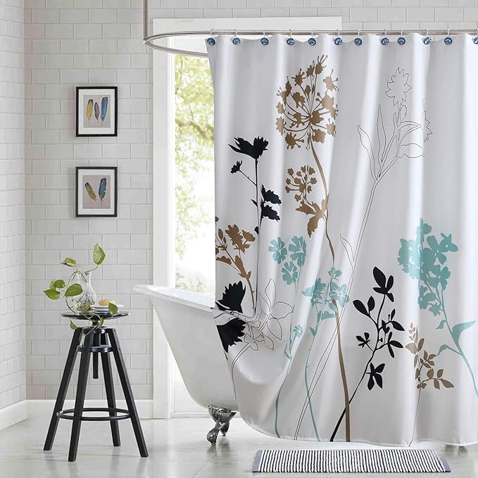 Fabric Floral Shower Curtain, Long Blue and White Shower Curtain, Teal and Brown Plant Shower Curtains for Bathroom, Modern Decorative Bathroom Curtains - 72" W x 78" H