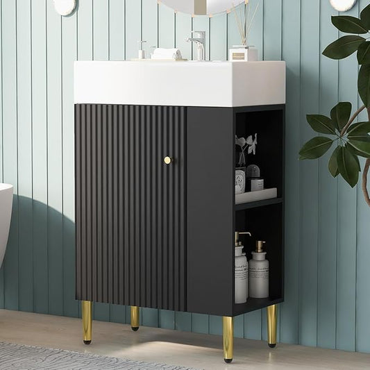 Virubi 21.6 in Small Bathroom Vanity with Sink,Doors and Storage Shelves,Wood Modern Single Fluted Bathroom Sink Cabinet Freestanding (Black,Right Shelf)