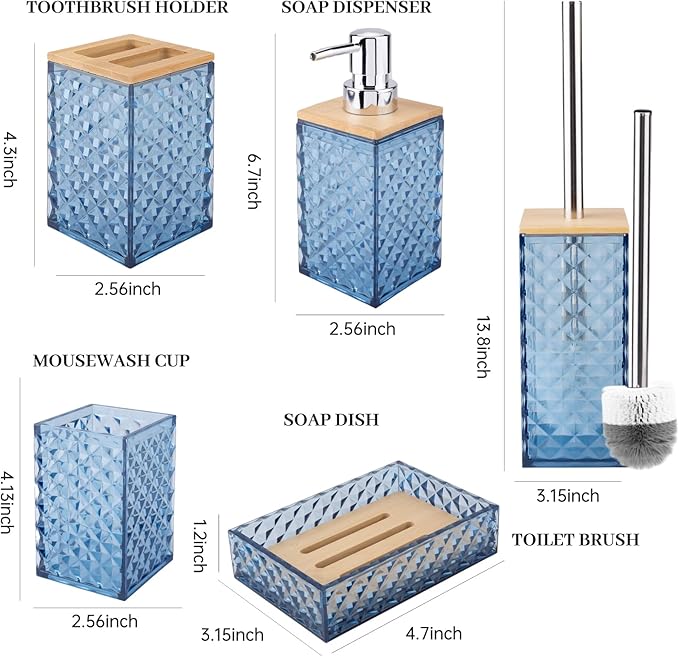 Bathroom Accessory Set, Grid Pattern 6 Pcs Plastic Bathroom Set Include Qtip Holder Dispenser, Toilet Bursh, Soap Dispenser, Soap Dish, Toothbrush Holder, Mousewash Cup(Dark Blue)