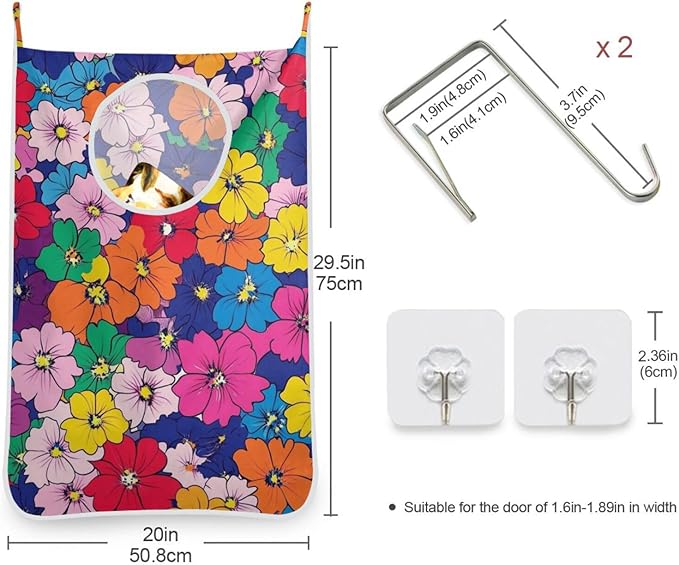 Hanging Laundry Hamper with Stainless Steel Hooks,Oxford Fabric Printing Door Laundry Clothes Bag, 29.5X20inch 1PCS Kawaii Small Hibiscus Flowers