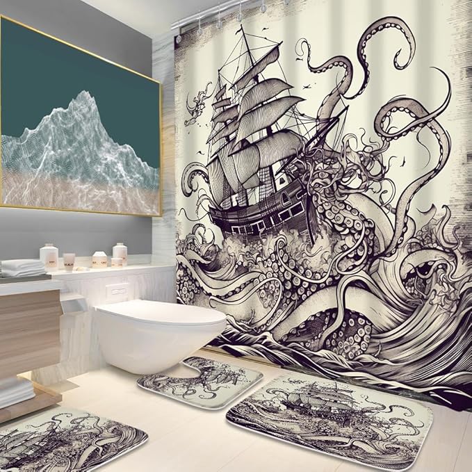 Nautical Octopus Ocean Sailboat Bathroom Sets with Shower Curtain and 20 x 31 Rugs Bathroom Ocean Accessories Sets Decor with Bath Rug, Bath Mat, U-Shaped Contour and Hooks 72 x 72 Inch Purple