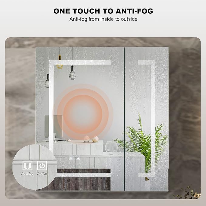 Medicine Cabinet with Lights,Bathroom Medicine Cabinet with Mirror 2 Doors,Lighted Led Mirrored Medicine Cabinets with Defogger,Wall Mounted,24x26 Inch