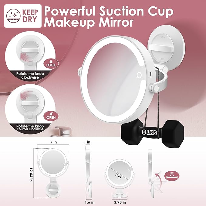 30X/1X Magnifying Mirror Suction Cup with Powerful Locking, Wall Mounted Makeup Mirror, Shaving Mirror for Bathroom, Detachable for Travel, 3 Color Modes and Adjustable Brightness (7 inch)