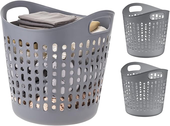 IRIS USA Plastic Laundry Basket Hamper, 3-Pack, 40L / 10 Gal Flexible Dirty Clothes Bag with Ventilation Holes, Bedroom Bathroom Apartment Dorm Laundry Room Blanket Pillow Trinkets Organization, Gray
