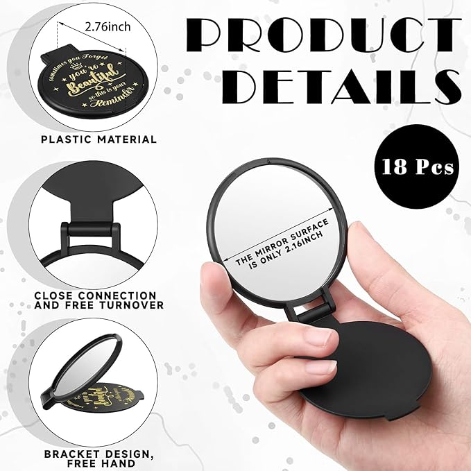 18 Pcs 2.76 Inch Inspirational Compact Mirror Bulk Women Small Gifts Graduation Party Favors Purse Mirror Pocket Mini Stuffer Items for Adult Coworker Cheerleader Employee (Black)