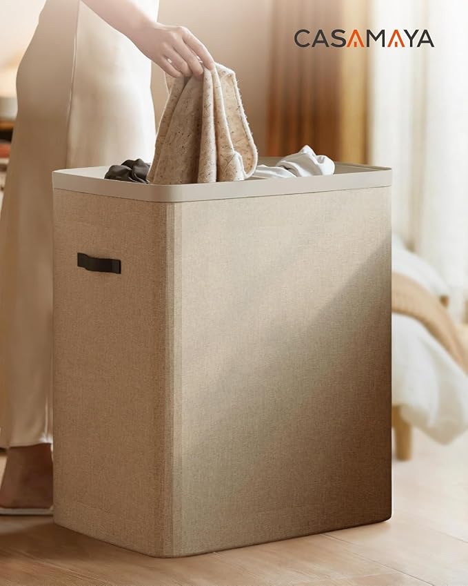 CASAMAYA Laundry Basket with Lid, Laundry Hamper 2 Section, 170L collapsible Laundry Organizer, Easy Assembly, with Handles and Removable Liners, 22 x 15.7 x 29.5 Inches, Beige JSP903M