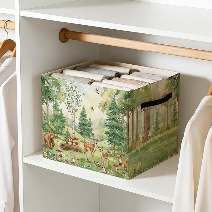 Forest Animal Nursery Storage Bin Box with Handles, Rustic Botanical Wild Animal Foldable Baskets Organizer for Kids Room Nursery Bathroom Clothes Toys Books, Toybox for Boys Girls