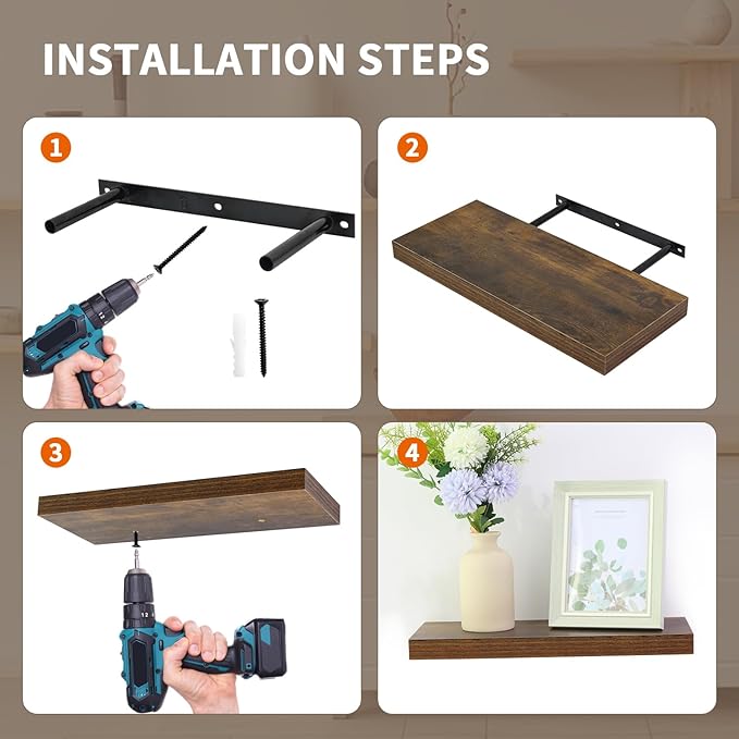 Floating Shelves for Wall, Wall Mounted Rustic Wood Shelves for Bathroom, Bedroom, Living Room, Kitchen, Hanging Shelf for Books/Storage/Room (Brown Wood Grain, 15.8")