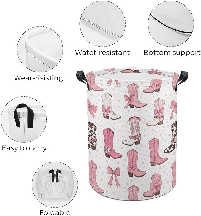Cowgirl Boot Laundry Basket Pink Western Decor Hampers for Laundry Dirty Clothes Basket Organizer for Bedroom Bathroom