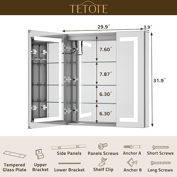 TETOTE 30 x 32 Lighted Medicine Cabinet Mirror for Bathroom with LED Lights, 2 Door Tempered Glass Recessed or Surface Mount Mirrored Cabinet, Outlets & USB, 3-Color Dimming, Defog, Adjustable Shelf