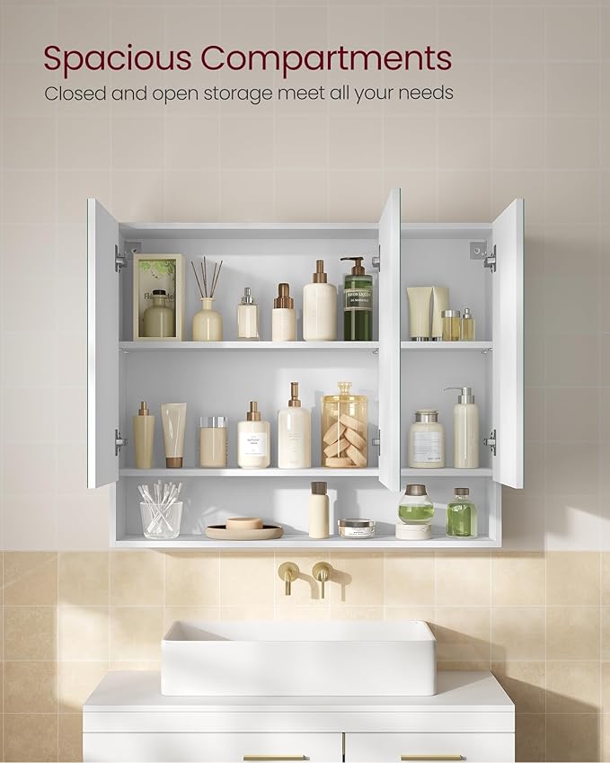 VASAGLE KAILYN Collection - Medicine Cabinet Mirror, Bathroom Wall Mirror Cabinet with Storage, Open Compartment, Adjustable Shelves, 6.5 x 35.4 x 29.5 Inches, Cloud White UBBK130W01