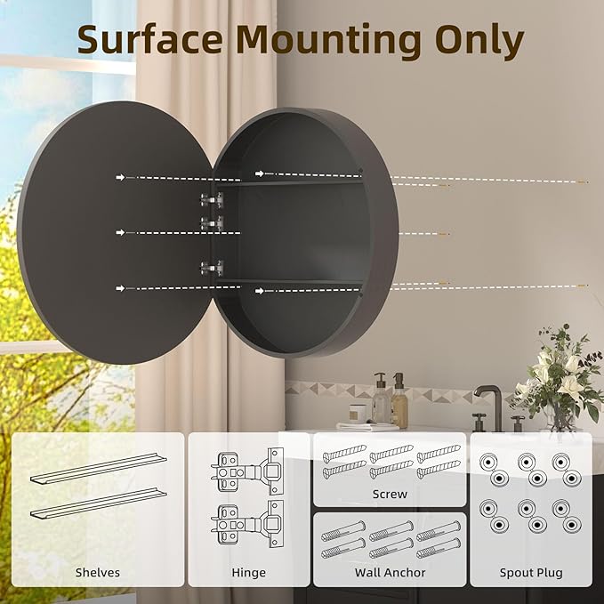 30 x 30 Inch Round Black Mirror Medicine Cabinet Surface Mounted, Circular Modern Bathroom Medicine Cabinet with Mirror, Metal Framed Medicine Cabinets with Tempered Glass Mirror