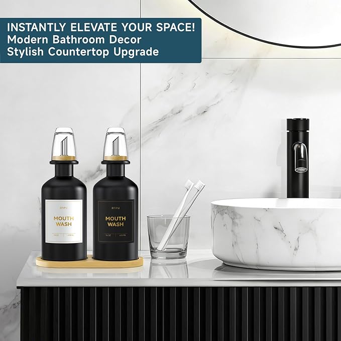 2PCS Black Glass Mouthwash Dispenser for Bathroom Countertop – 14oz/410ml Refillable Mouthwash Container with Glass Cup & Bamboo Tray, Modern Bathroom Decor for Home, Office, Airbnb (Black)