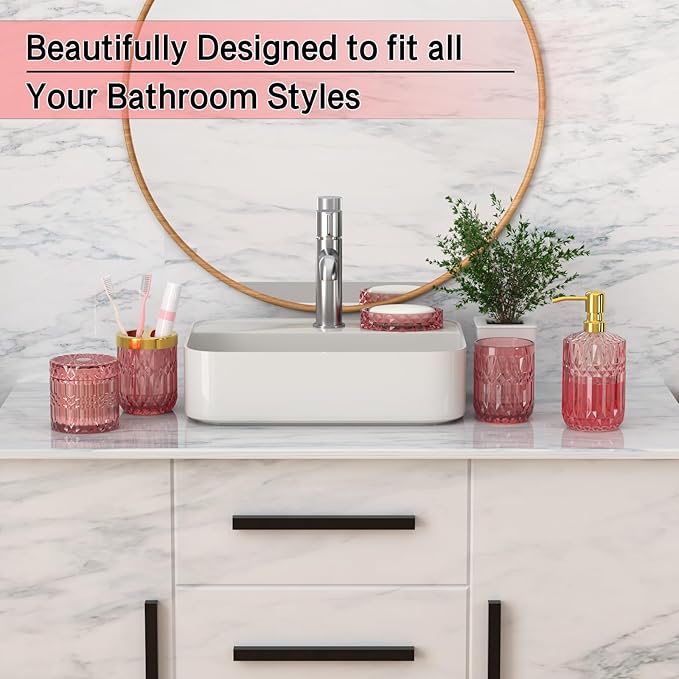 New Pink Glass Bathroom Accessories Set 5 Pcs, Pink Bathroom Set, Soap Dispenser and Toothbrush Holder Set, Qtip Holder Set, Vintage Bathroom Sink Set, Cute Bathroom Decor