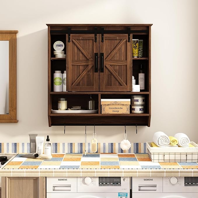 RUSTOWN Farmhouse Bathroom Wall Cabinet,3-Tier Rustic Wood Wall Mounted Cabinets,Vintage Medicine Cabinet with Sliding Barn Door and Adjustable Shelves,Over The Toilet Storage Cabinet (Dark Walnut)