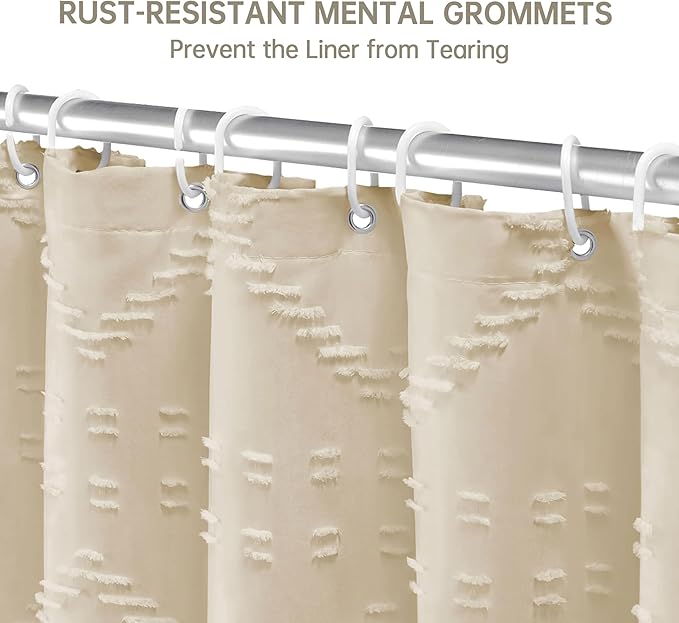 Boho Farmhouse Shower Curtain - Woven Fabric Cream/Beige, 60 x 72 Tufted Chevron Textured Striped Modern Minimalist for Bathroom