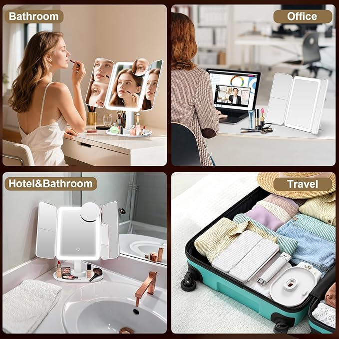 Mocado Makeup Mirror with Lights, 20X/7X/3X Magnifying Mirror with Light,Rechargeable & Height Adjustable Lighted Makeup Mirror,Vanity Mirror with 3 Colors Lights,Detachable Design for Travel(White)