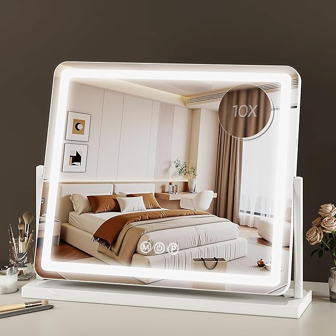 Vanity Mirror with Lights, 24"x20" Hollywood Lighted Makeup Mirror for Tabletop & Bedroom 3 Color Lighting Modes Smart Touch Control 360° Rotation Detachable